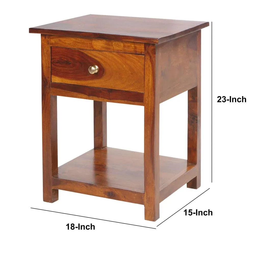 22.5 Inch Acacia Wood Rectangular End Side Table, 1 Drawer, Open Shelf, Walnut Brown By The Urban Port