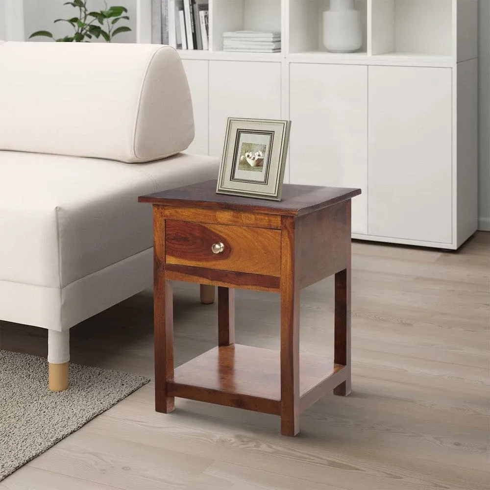 22.5 Inch Acacia Wood Rectangular End Side Table, 1 Drawer, Open Shelf, Walnut Brown By The Urban Port