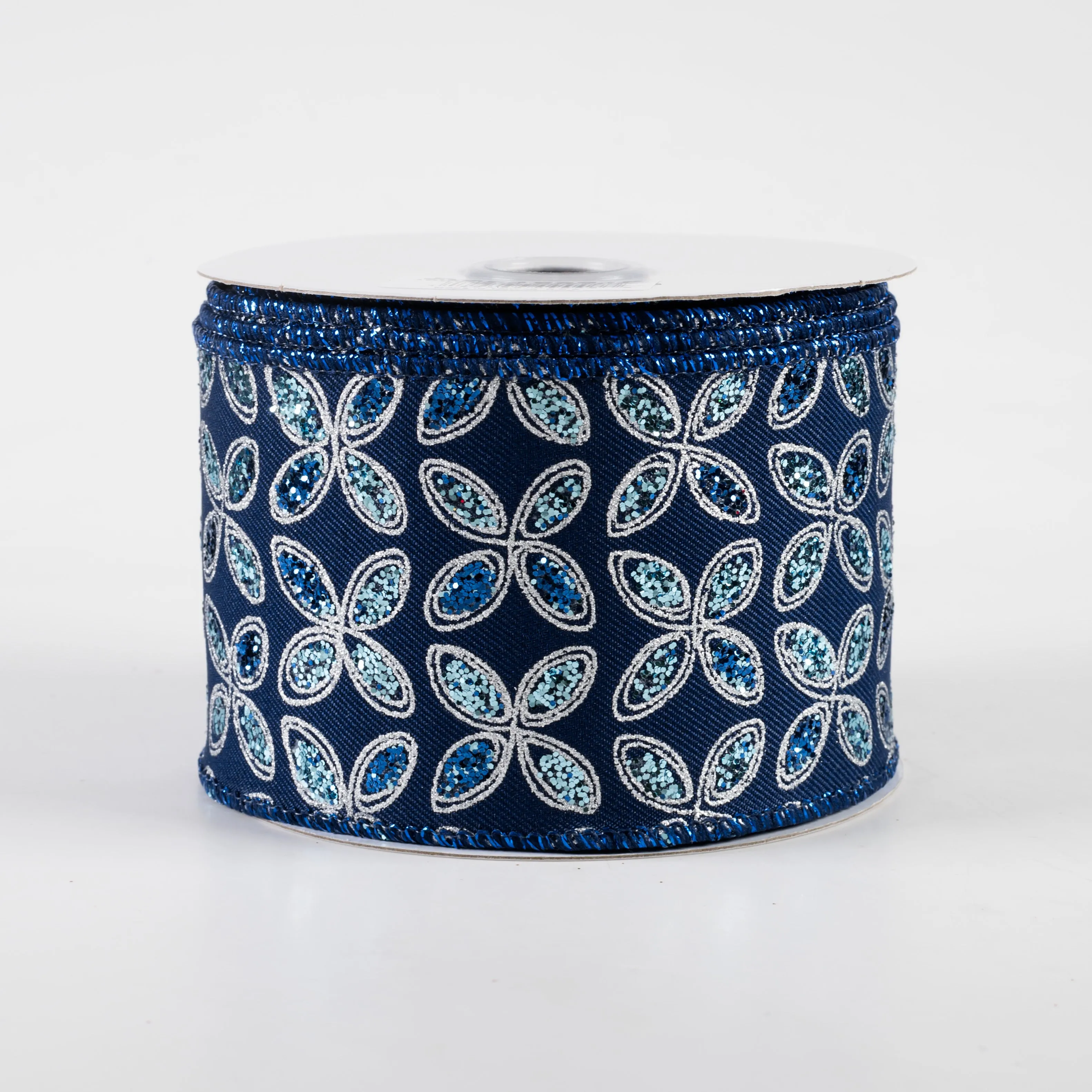 2.5" Quatrefoil Petals Ribbon: Navy Blue, Blue, Silver (10 Yards)