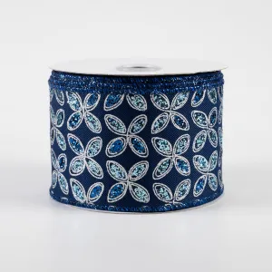 2.5" Quatrefoil Petals Ribbon: Navy Blue, Blue, Silver (10 Yards)