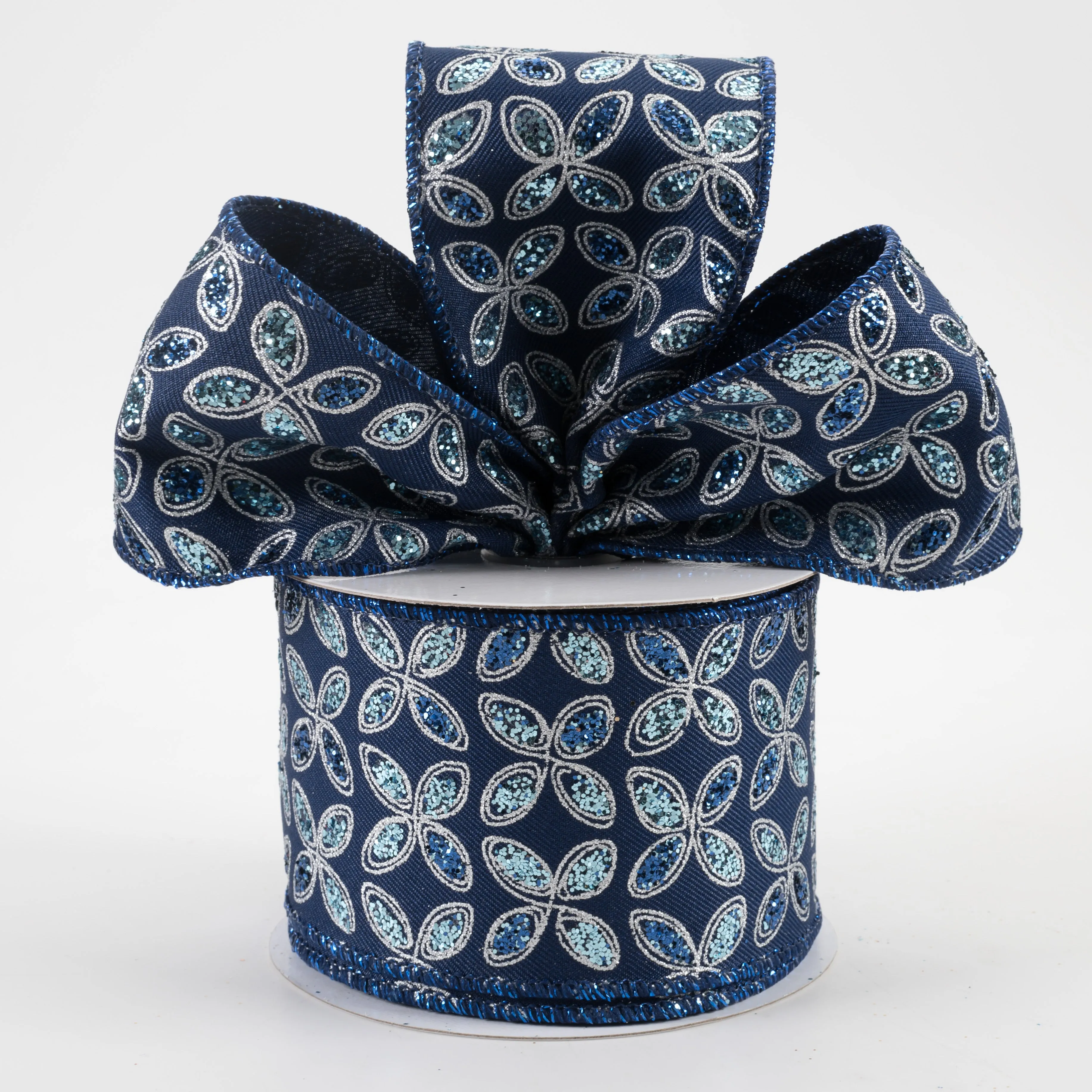 2.5" Quatrefoil Petals Ribbon: Navy Blue, Blue, Silver (10 Yards)
