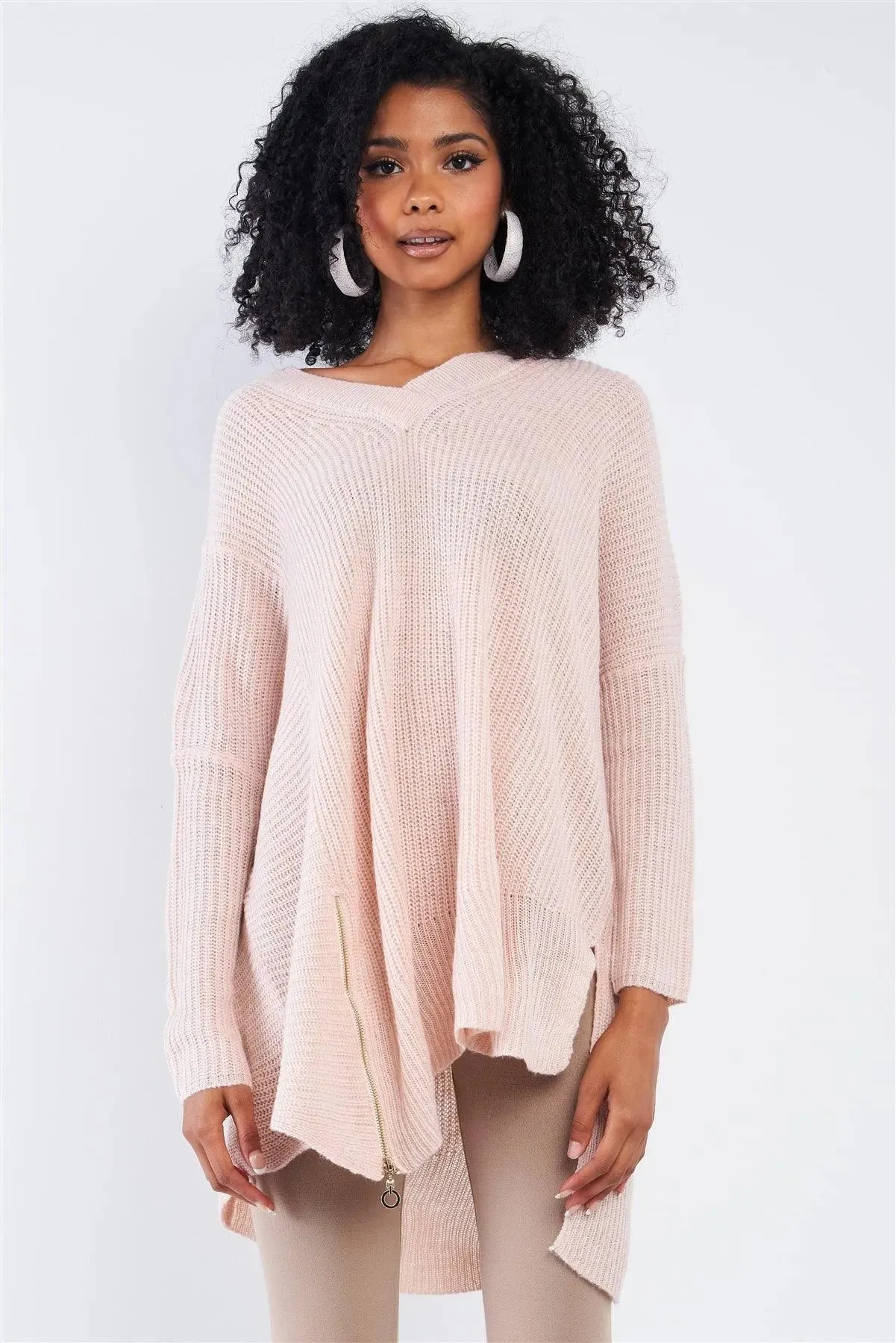 Baby Soft Pink V-Neck Asymmetrical Oversized Long Sleeve Gold Zipper /4-2