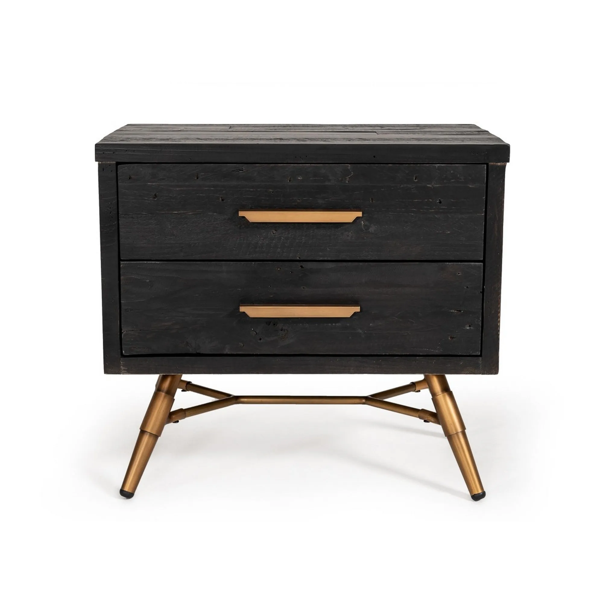 Benzara 2 Drawer Wooden Nightstand with Metal Handles and Legs, Dark Brown and Gold