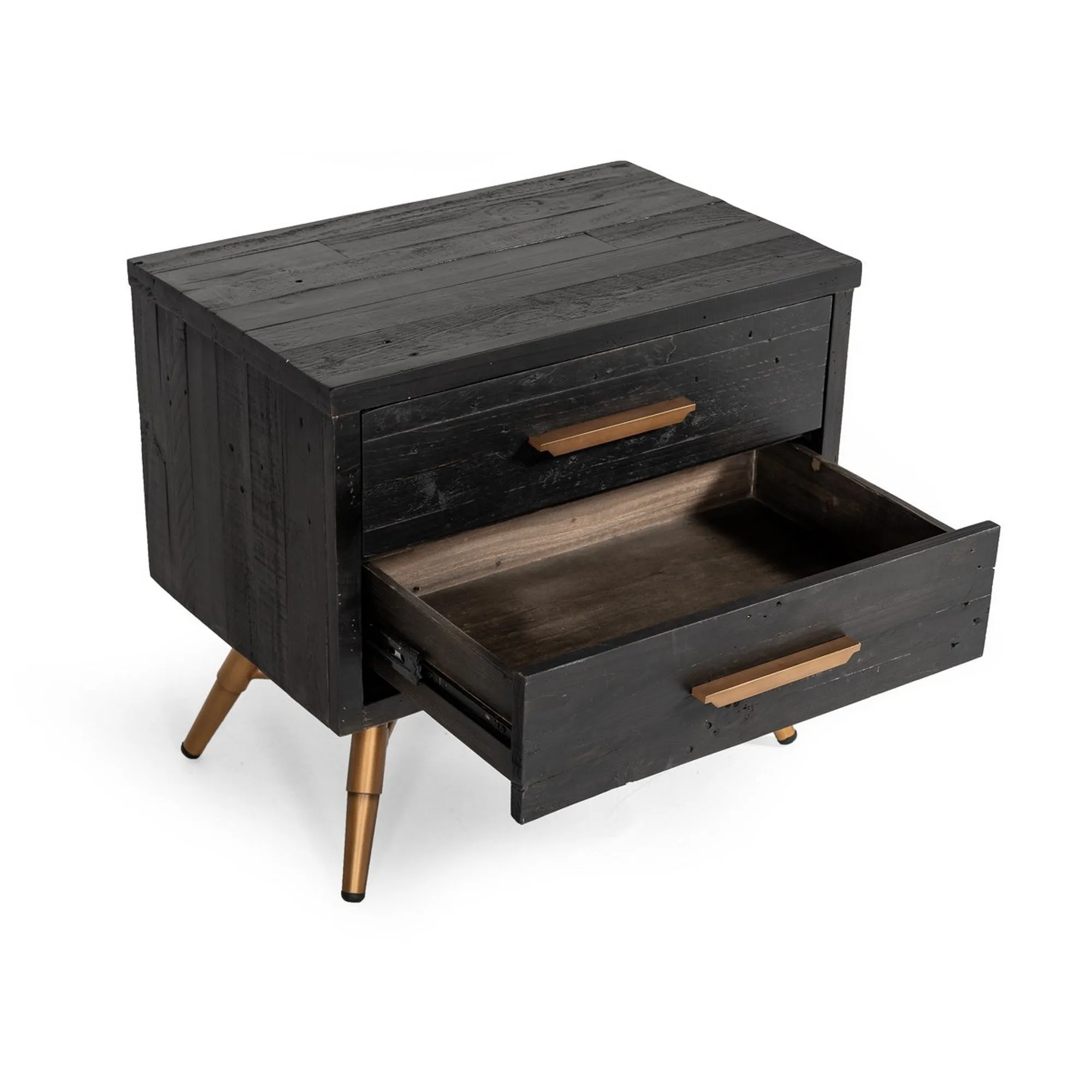 Benzara 2 Drawer Wooden Nightstand with Metal Handles and Legs, Dark Brown and Gold