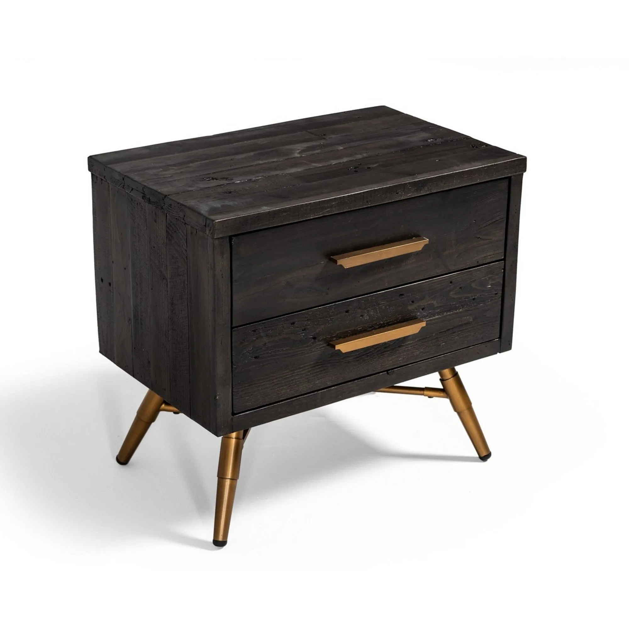 Benzara 2 Drawer Wooden Nightstand with Metal Handles and Legs, Dark Brown and Gold