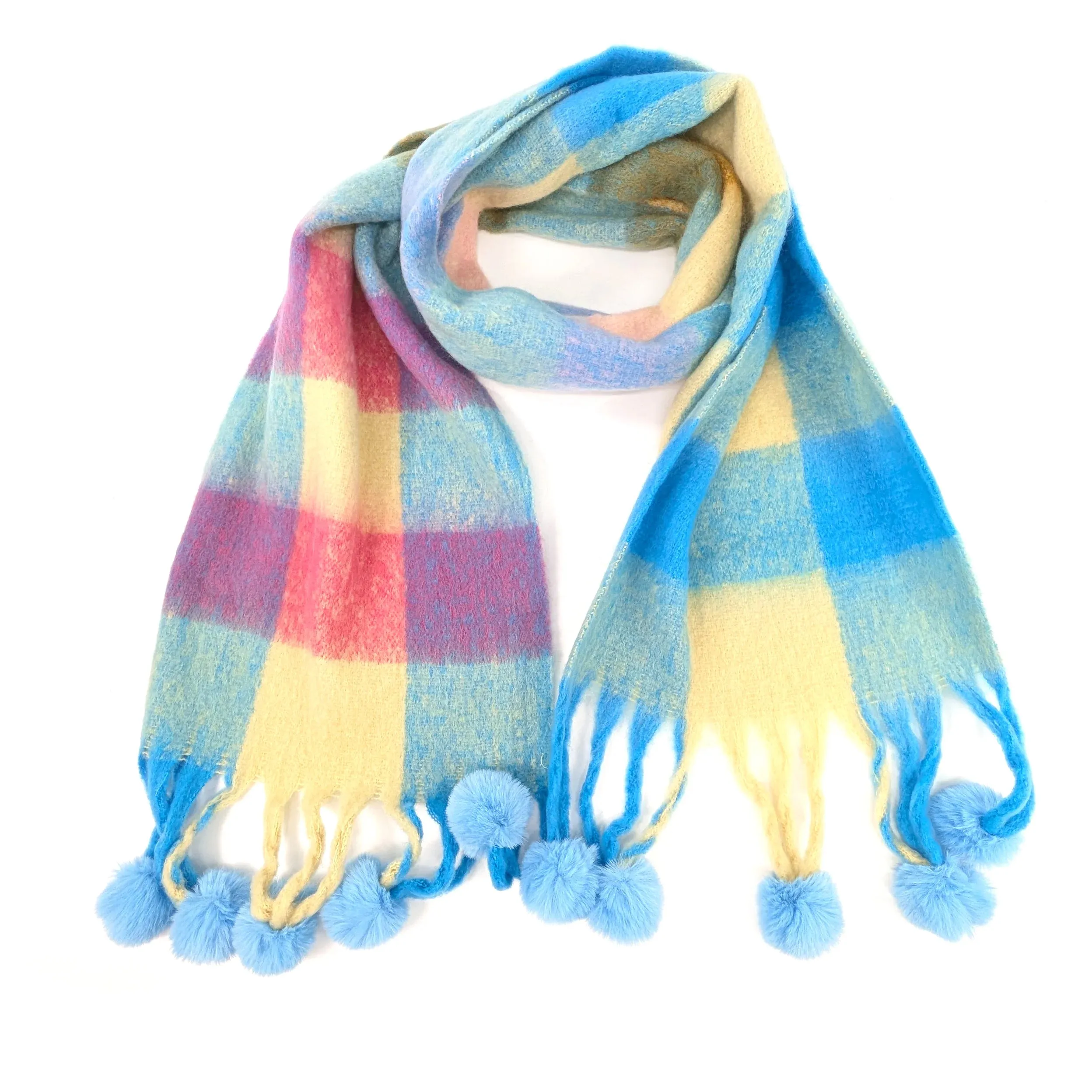 Black Ginger 210cm Blue/Yellow Skala Pom Pom Extra Thick Scarf - 736-440
