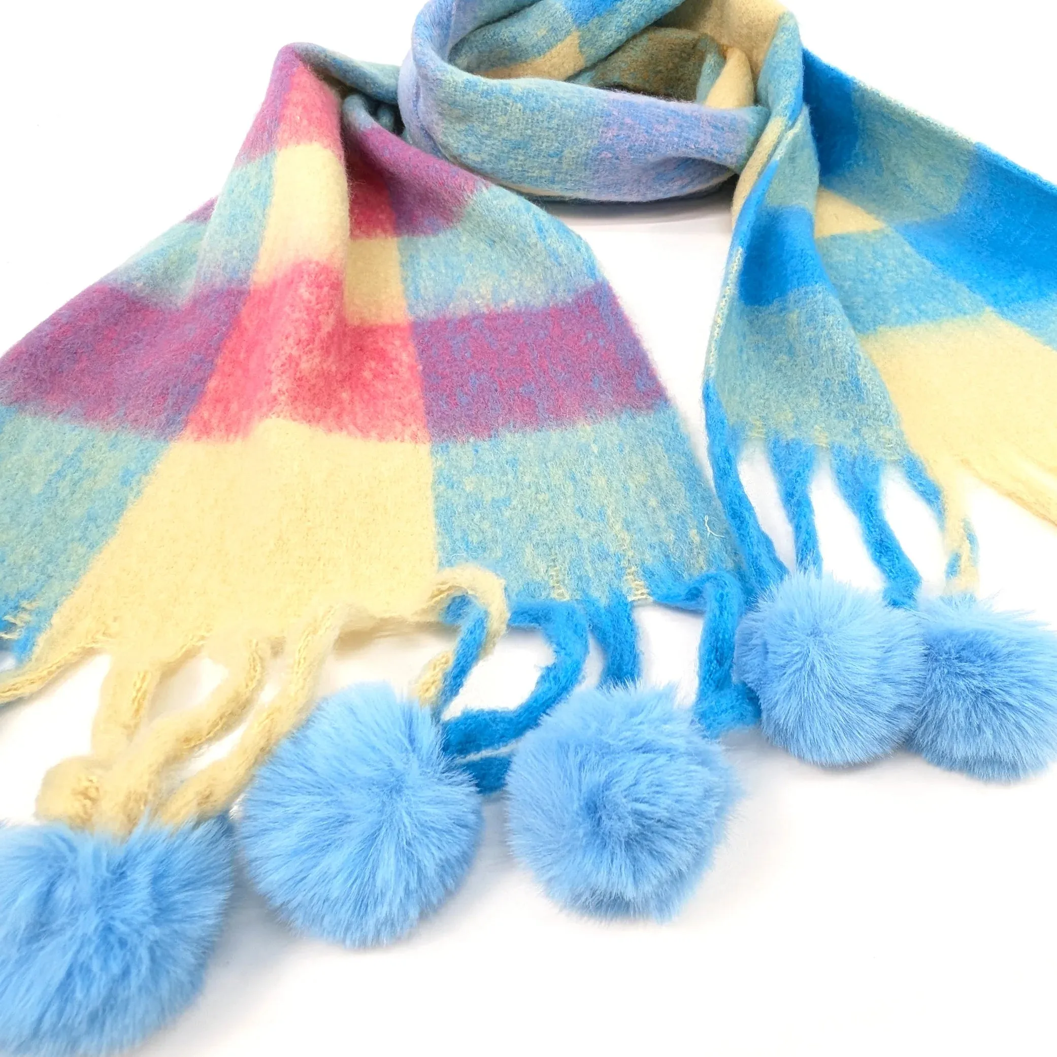 Black Ginger 210cm Blue/Yellow Skala Pom Pom Extra Thick Scarf - 736-440