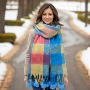 Black Ginger 210cm Blue/Yellow Skala Pom Pom Extra Thick Scarf - 736-440