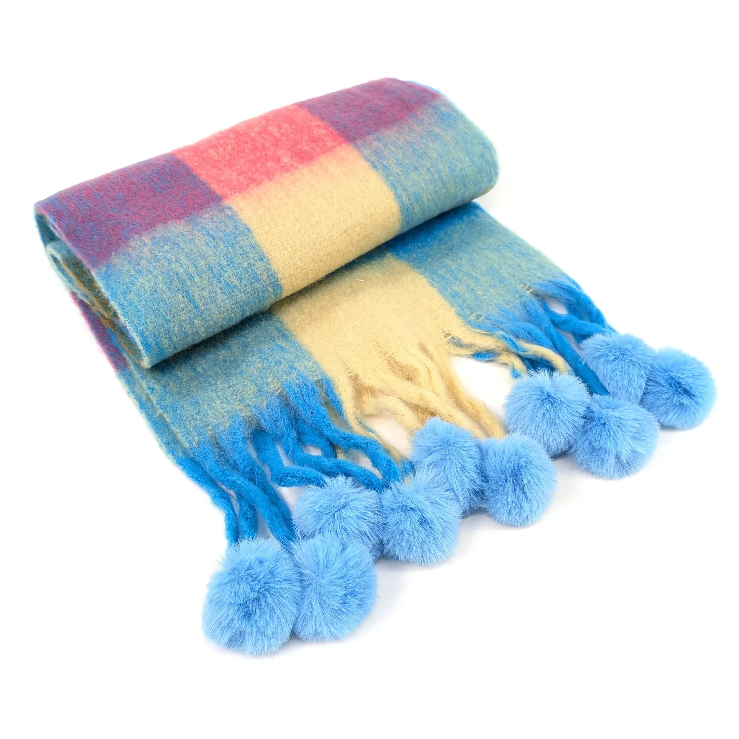 Black Ginger 210cm Blue/Yellow Skala Pom Pom Extra Thick Scarf - 736-440