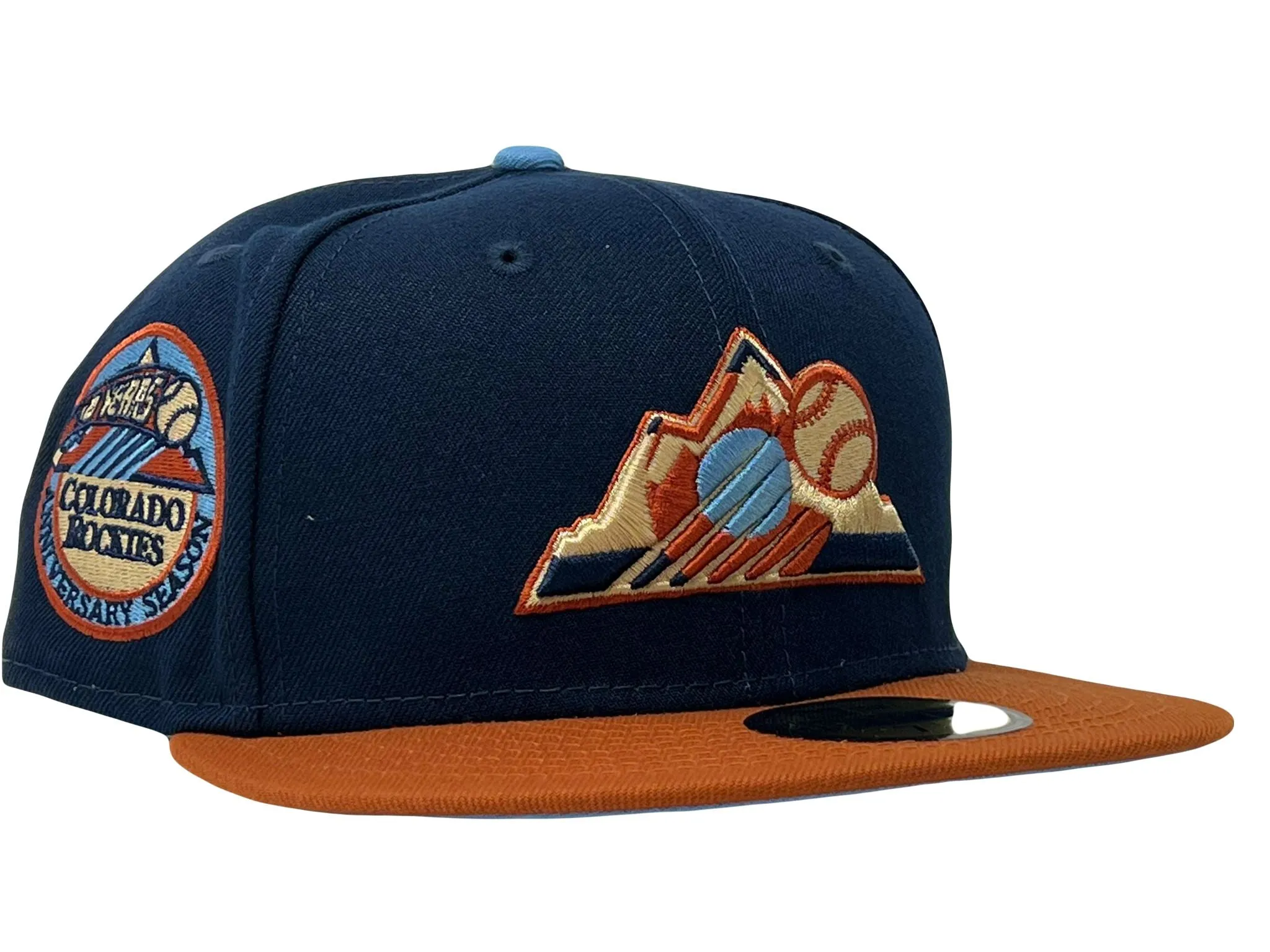 COLORADO ROCKIES 10TH ANNIVERSARY NAVY RUST ORANGE VISOR ICY BRIM NEW ERA FITTED HAT