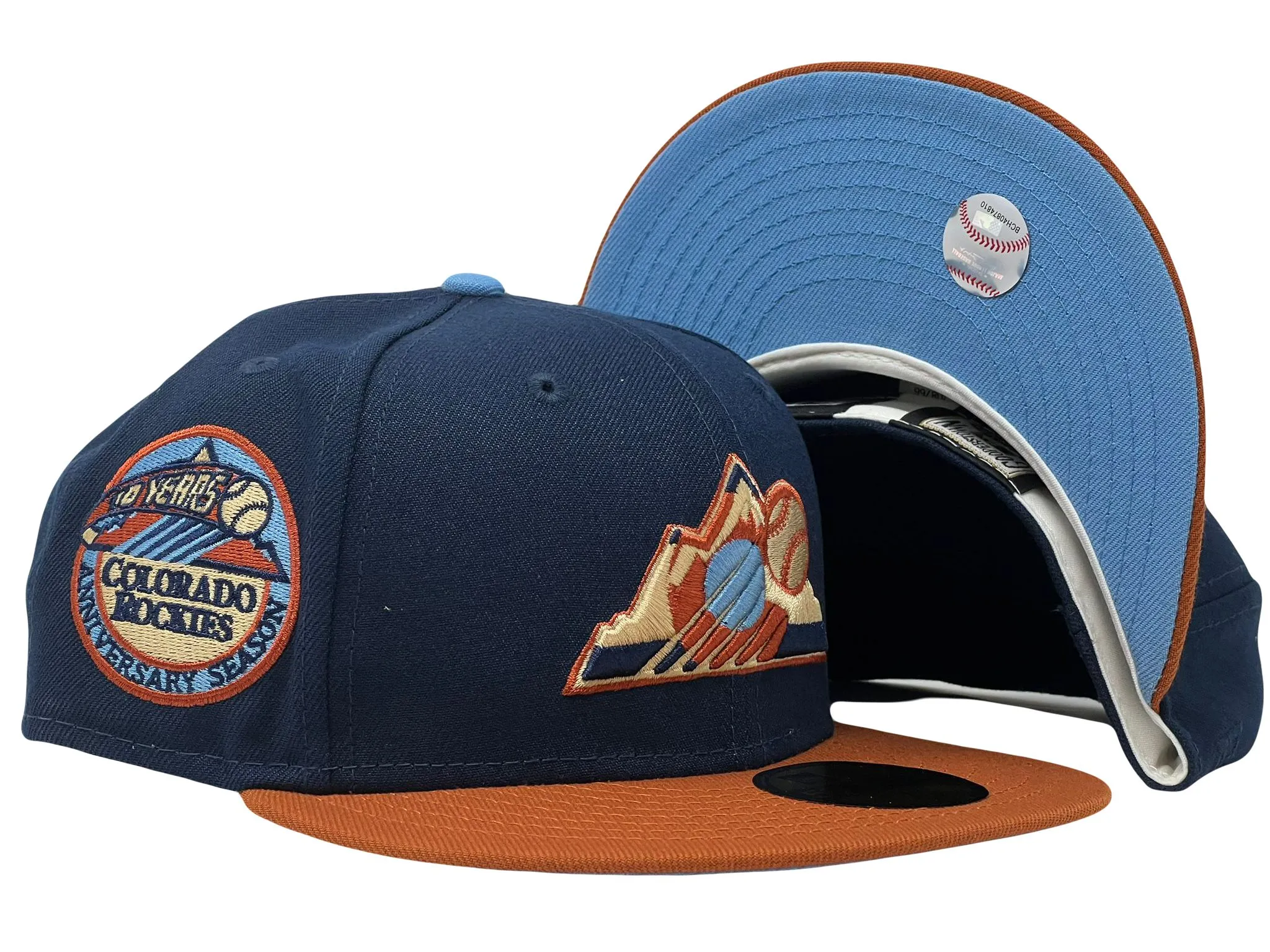 COLORADO ROCKIES 10TH ANNIVERSARY NAVY RUST ORANGE VISOR ICY BRIM NEW ERA FITTED HAT