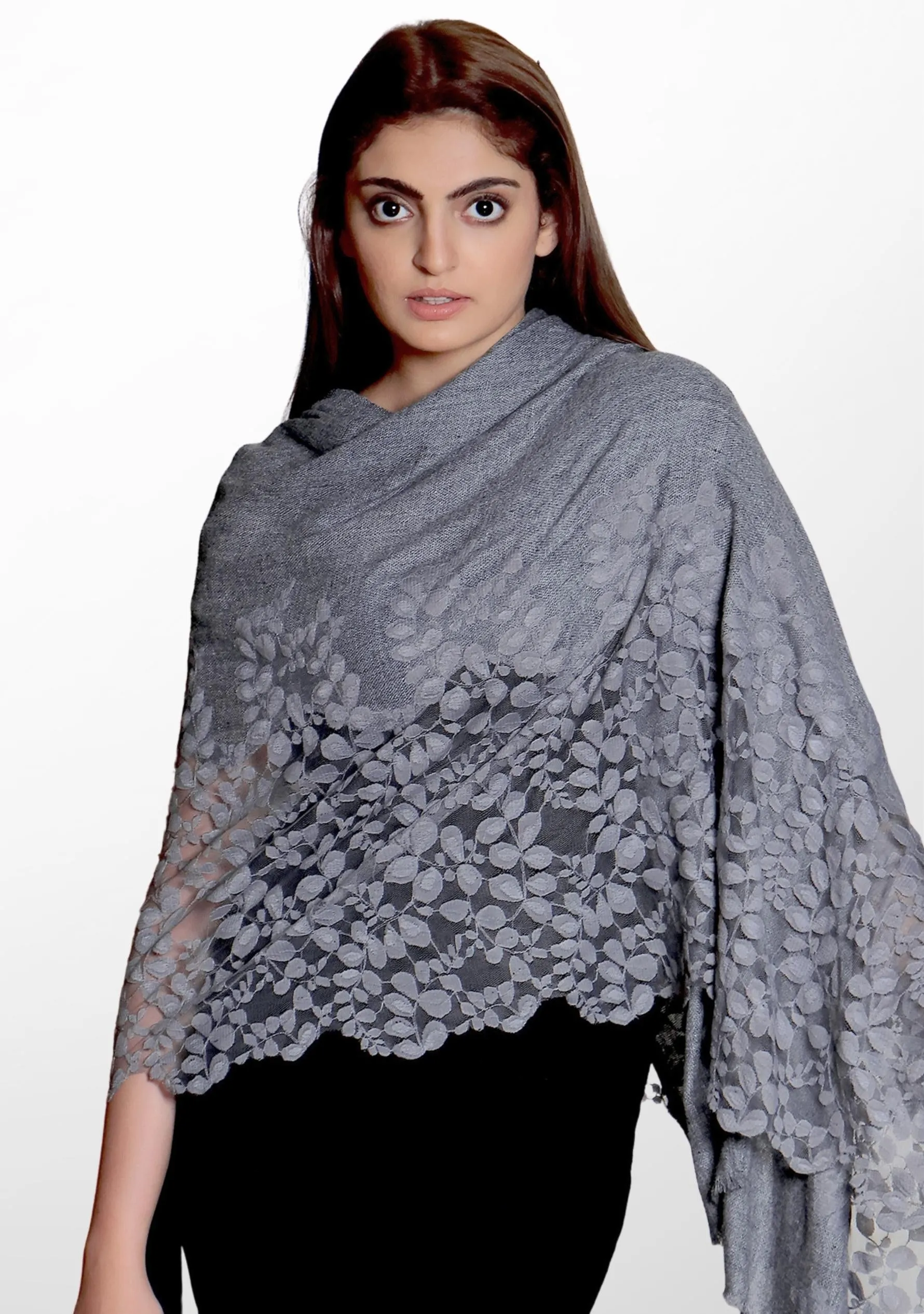 Dk. Grey Melange Wool Scarf with a Dk. Grey Bold Leaf Lace