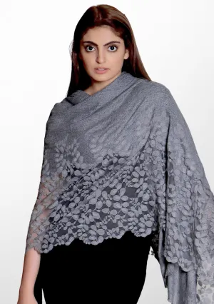 Dk. Grey Melange Wool Scarf with a Dk. Grey Bold Leaf Lace