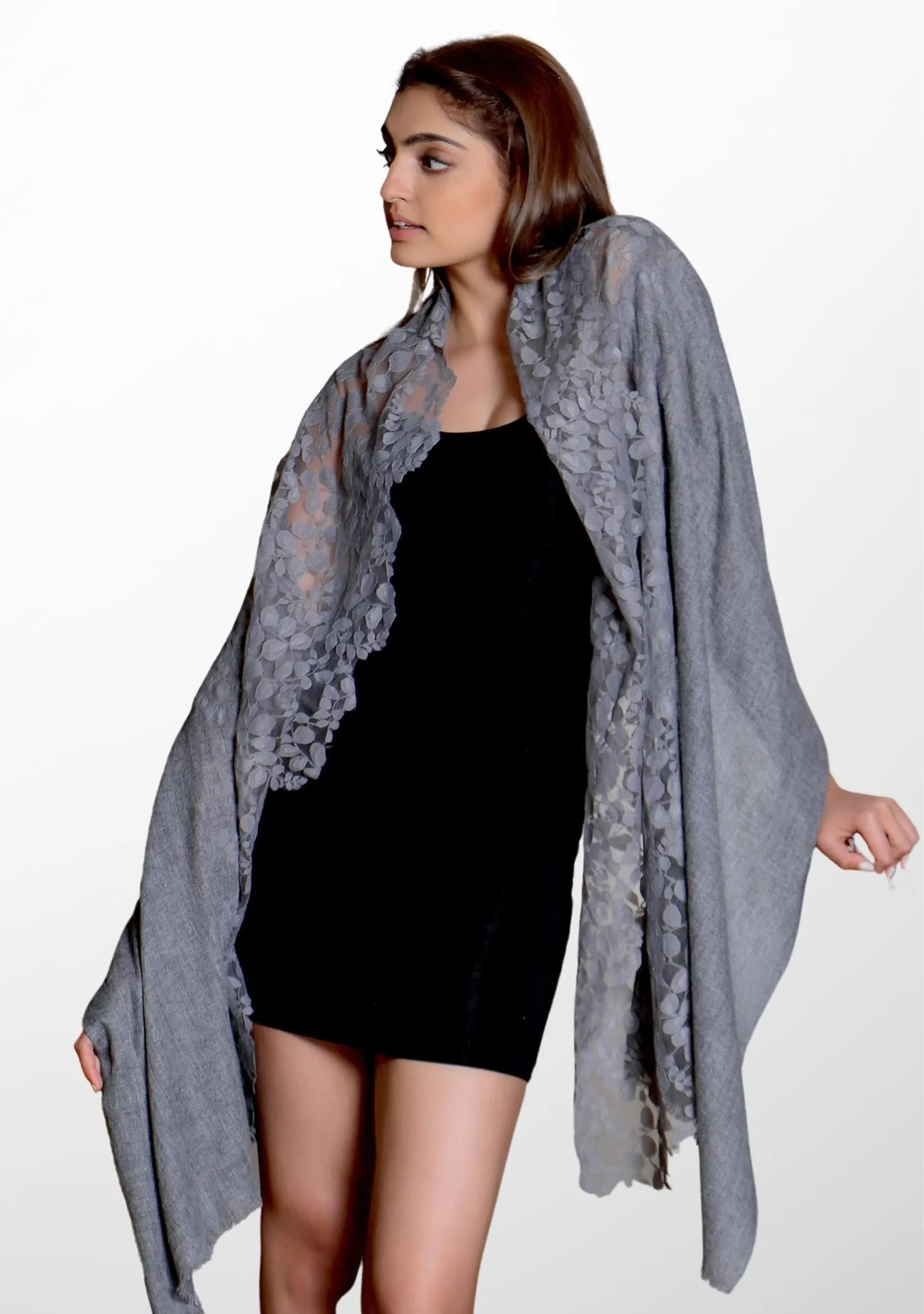 Dk. Grey Melange Wool Scarf with a Dk. Grey Bold Leaf Lace