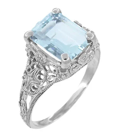 Edwardian Filigree Emerald Cut Blue Topaz Ring in Sterling Silver
