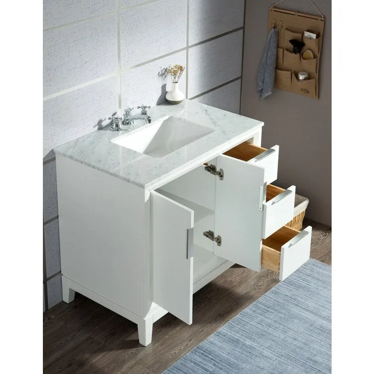 Elizabeth 36" Single Bathroom Vanity in Pure White w/ Carrara White Marble Top
