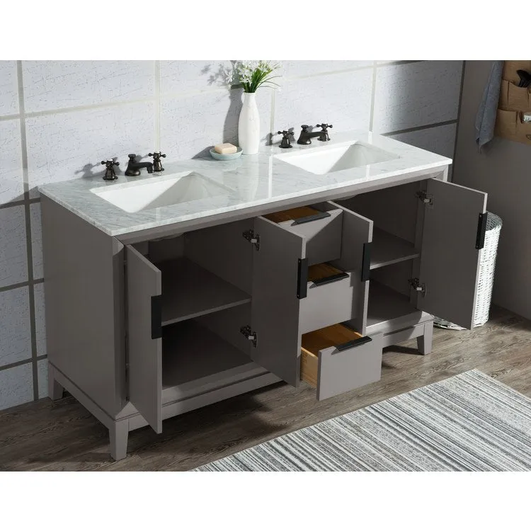 Elizabeth 60" Double Bathroom Vanity in Cashmere Gray w/ Carrara White Marble Top, Mirror(s) and Faucet(s)