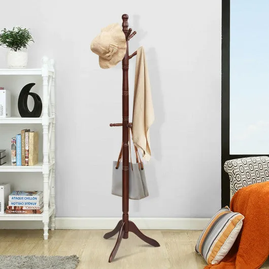 Entryway Height Adjustable Coat Stand with 9 Hooks-Brown