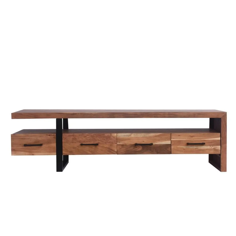 Fiona 70 Inch Farmhouse TV Media Entertainment Console, 4 Drawers, Acacia Wood, Metal Frame, Natural Brown, Black By The Urban Port