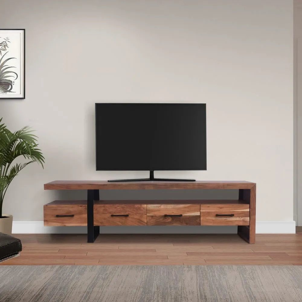 Fiona 70 Inch Farmhouse TV Media Entertainment Console, 4 Drawers, Acacia Wood, Metal Frame, Natural Brown, Black By The Urban Port