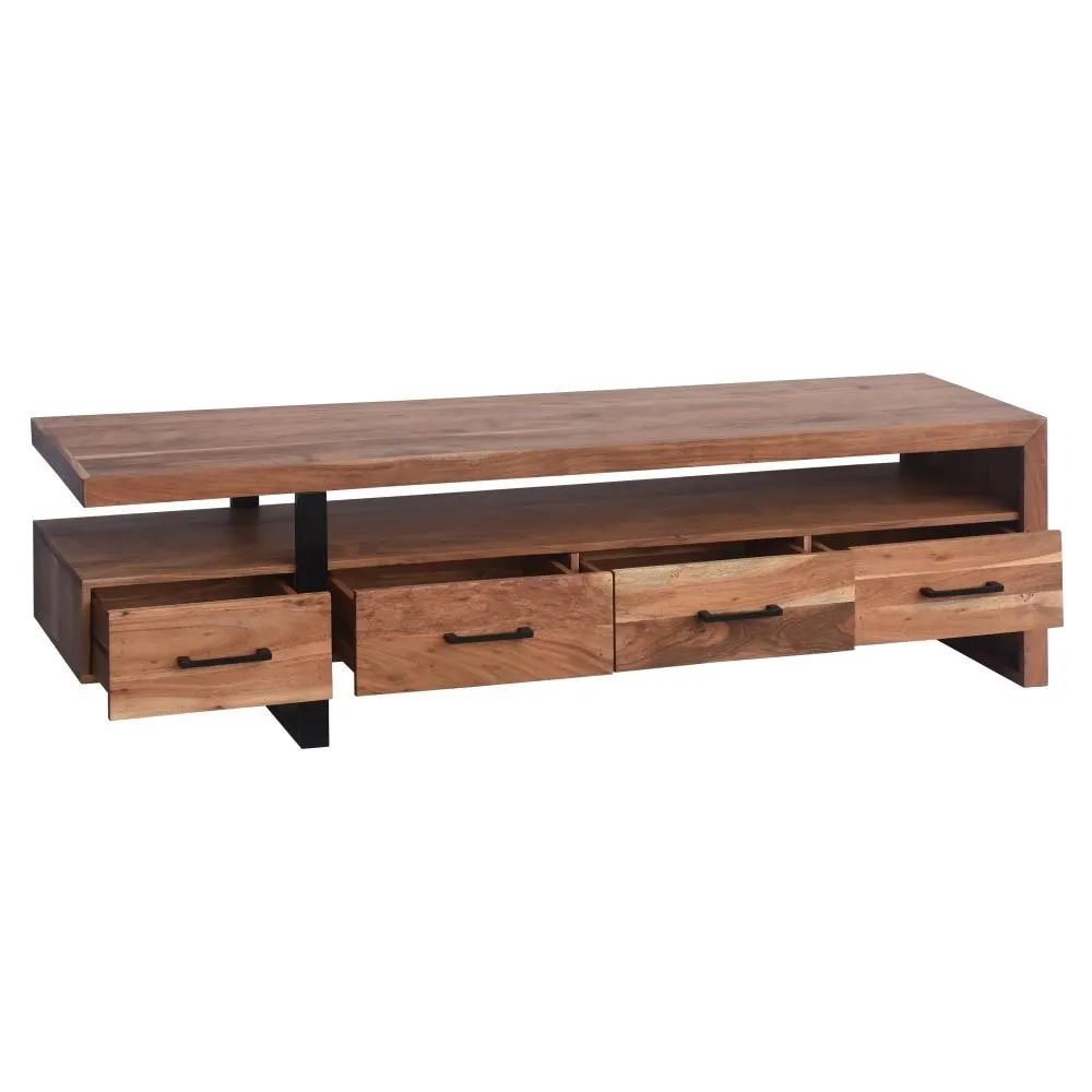 Fiona 70 Inch Farmhouse TV Media Entertainment Console, 4 Drawers, Acacia Wood, Metal Frame, Natural Brown, Black By The Urban Port