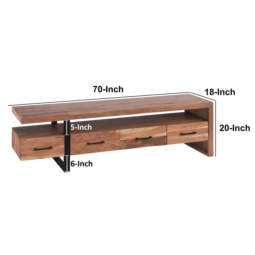 Fiona 70 Inch Farmhouse TV Media Entertainment Console, 4 Drawers, Acacia Wood, Metal Frame, Natural Brown, Black By The Urban Port