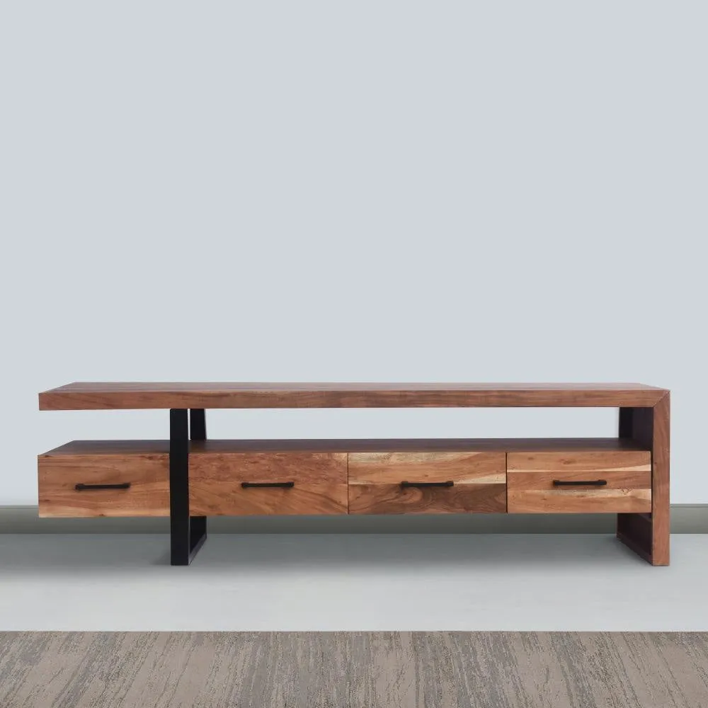 Fiona 70 Inch Farmhouse TV Media Entertainment Console, 4 Drawers, Acacia Wood, Metal Frame, Natural Brown, Black By The Urban Port