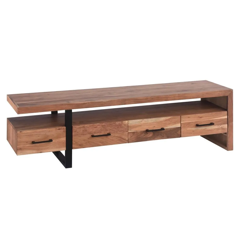 Fiona 70 Inch Farmhouse TV Media Entertainment Console, 4 Drawers, Acacia Wood, Metal Frame, Natural Brown, Black By The Urban Port
