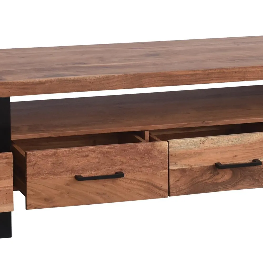 Fiona 70 Inch Farmhouse TV Media Entertainment Console, 4 Drawers, Acacia Wood, Metal Frame, Natural Brown, Black By The Urban Port