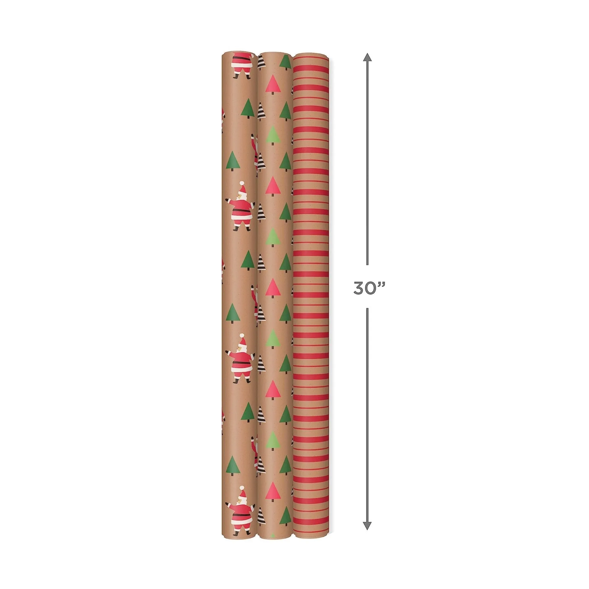 Hallmark: Christmas Wrapping Paper - Recyclable Kraft Paper, 30" Wide by 12' Long (Pack of 3)
