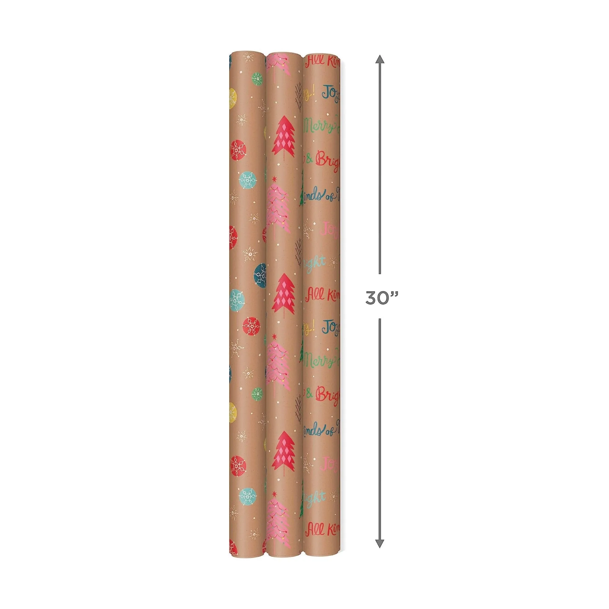 Hallmark: Christmas Wrapping Paper - Recyclable Kraft Paper, 30" Wide by 12' Long (Pack of 3)