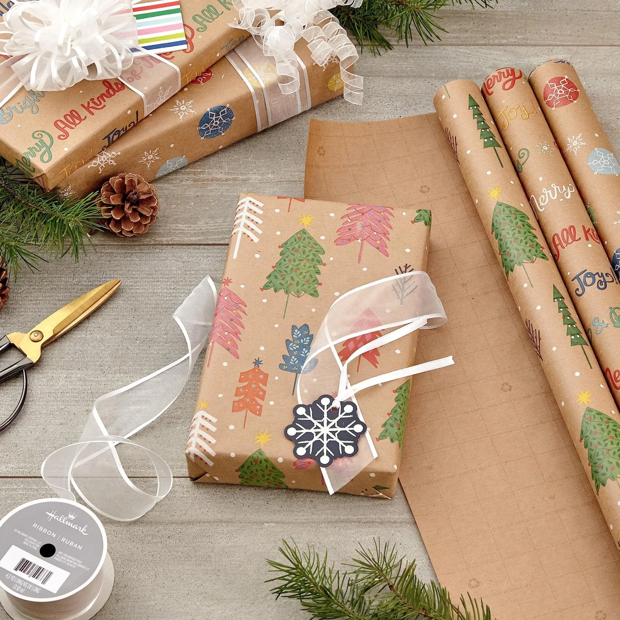 Hallmark: Christmas Wrapping Paper - Recyclable Kraft Paper, 30" Wide by 12' Long (Pack of 3)
