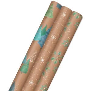Hallmark: Christmas Wrapping Paper - Recyclable Kraft Paper, 30" Wide by 12' Long (Pack of 3)