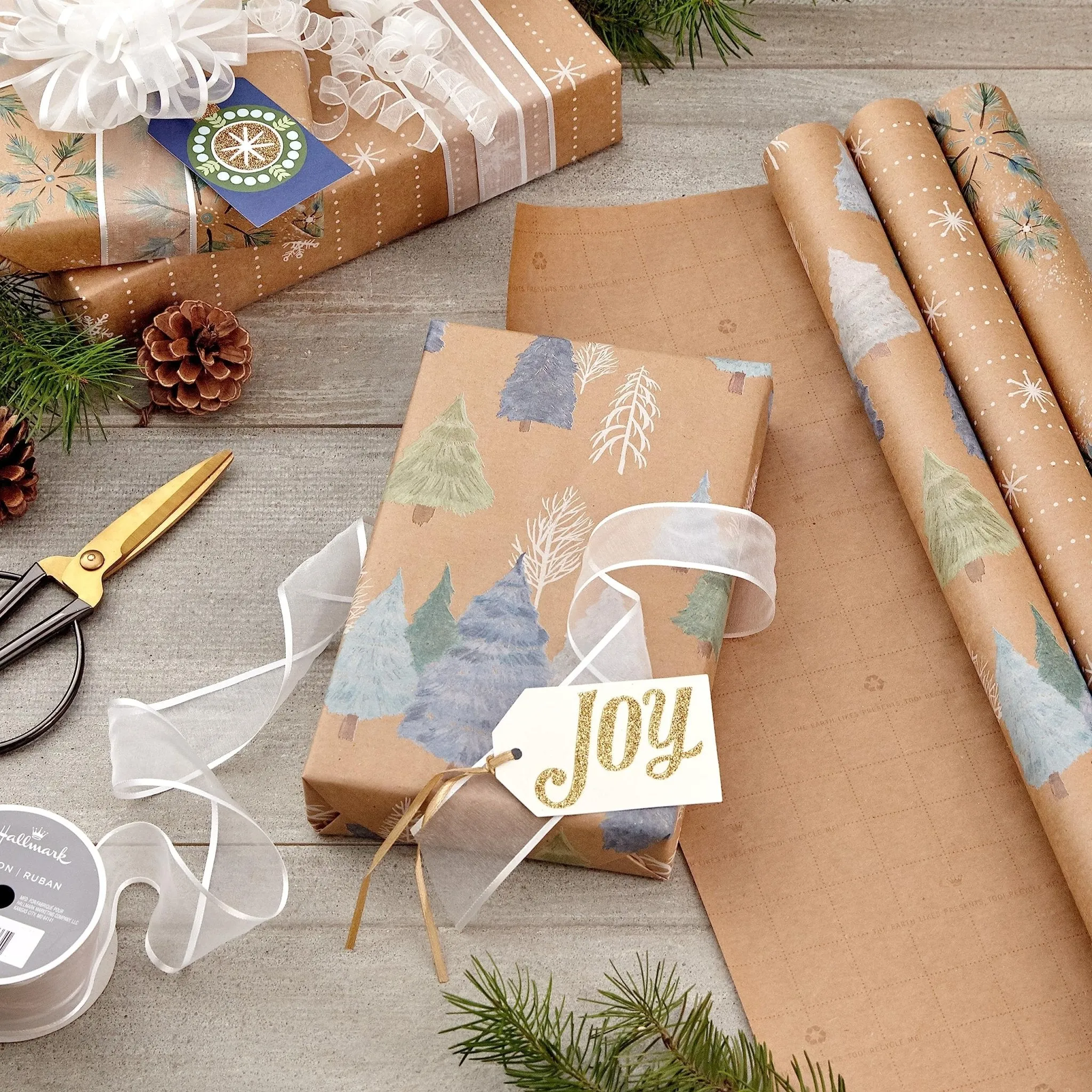 Hallmark: Christmas Wrapping Paper - Recyclable Kraft Paper, 30" Wide by 12' Long (Pack of 3)