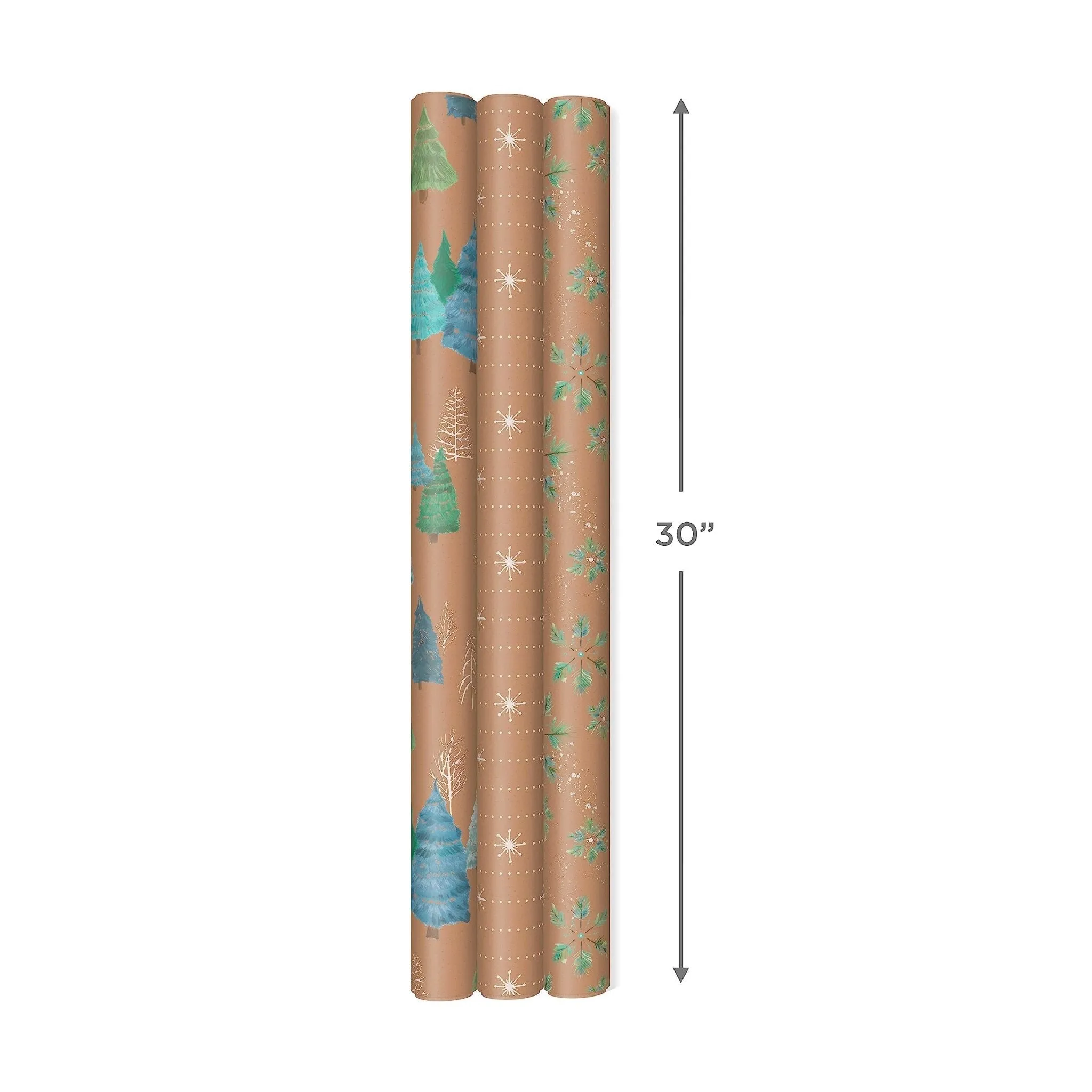 Hallmark: Christmas Wrapping Paper - Recyclable Kraft Paper, 30" Wide by 12' Long (Pack of 3)
