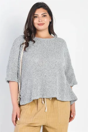 Junior Plus Heather Grey Knit Ruched Detail Midi Sleeve Top /3-2-1