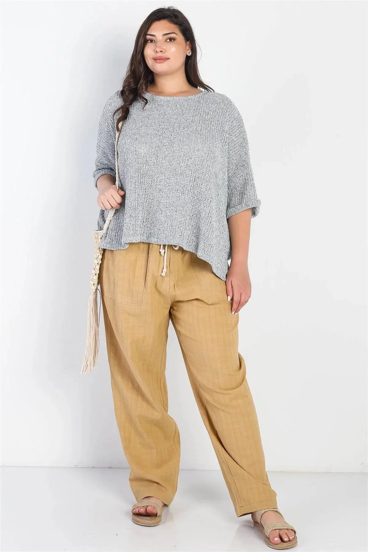 Junior Plus Heather Grey Knit Ruched Detail Midi Sleeve Top /3-2-1