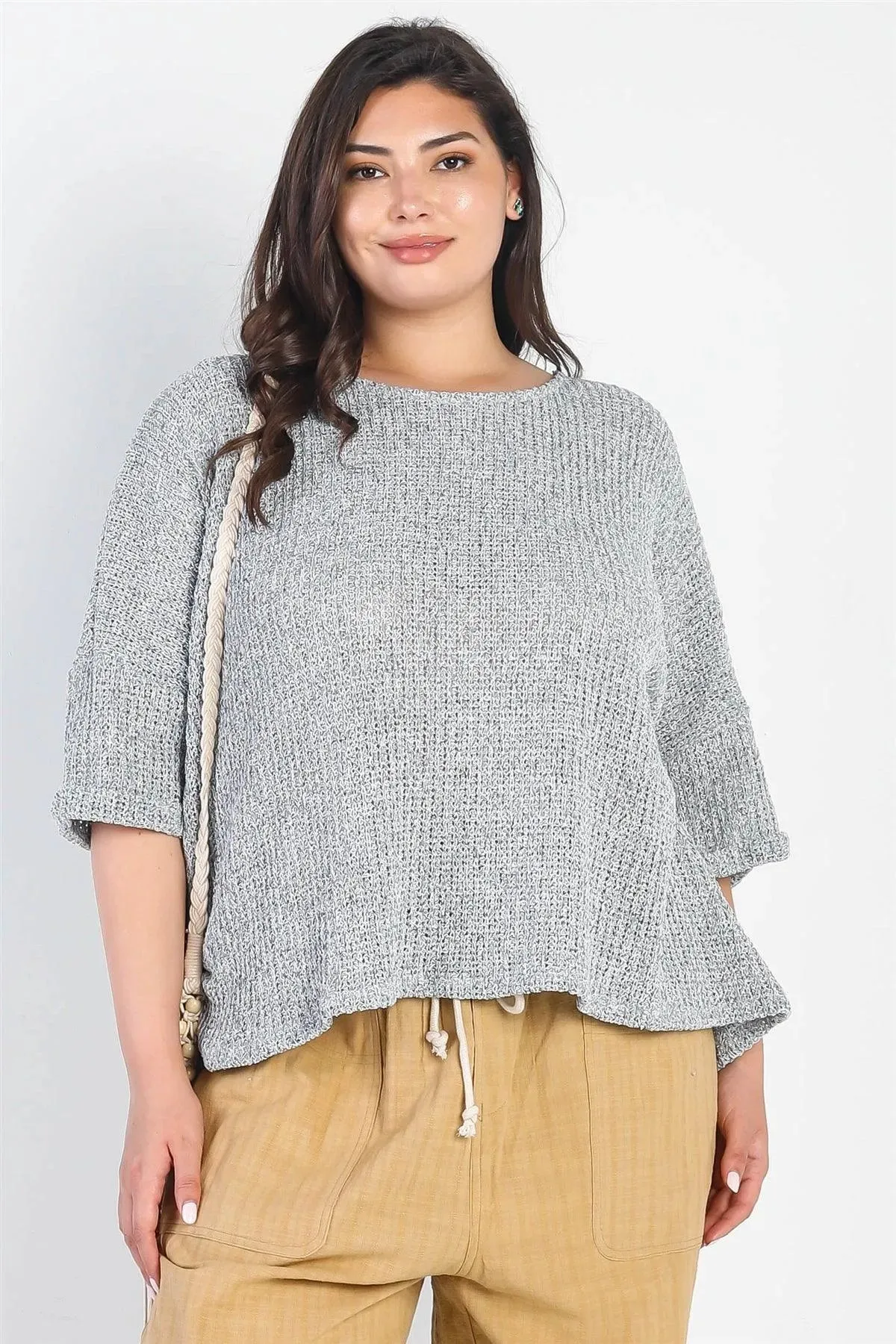 Junior Plus Heather Grey Knit Ruched Detail Midi Sleeve Top /3-2-1