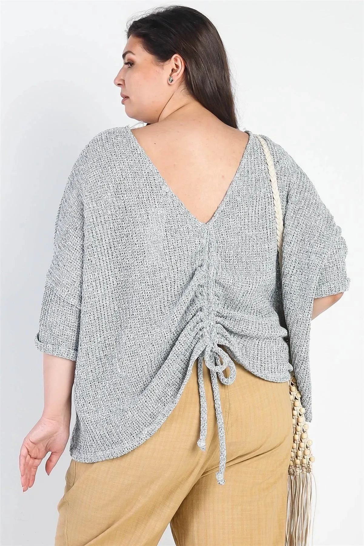 Junior Plus Heather Grey Knit Ruched Detail Midi Sleeve Top /3-2-1
