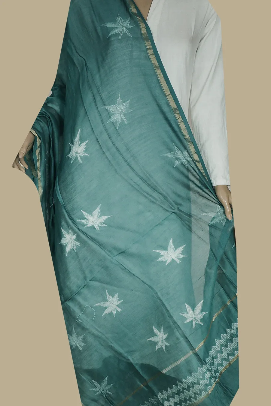 Leafy Floral on Green Shibori Silk Cotton Dupatta