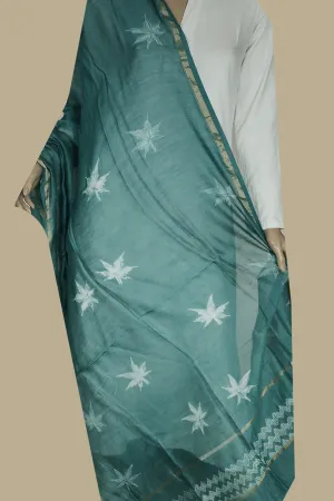 Leafy Floral on Green Shibori Silk Cotton Dupatta