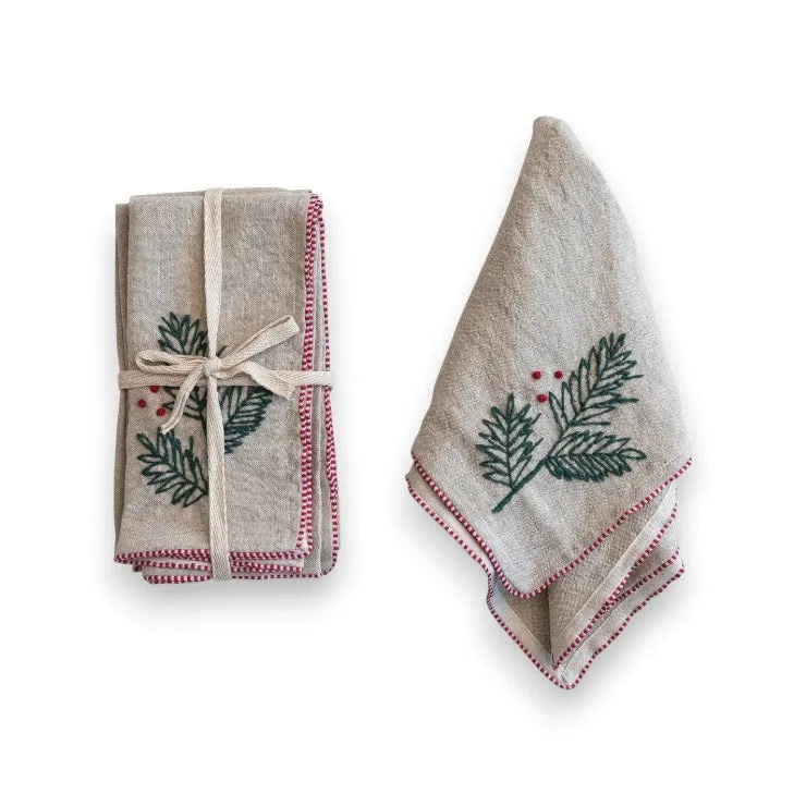 LINEN HOLLY EMBROIDERED NAPKINS