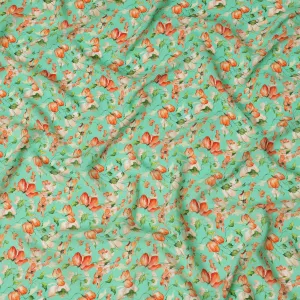 Mint Green Viscose Fabric with Orange Floral Digital Print, 110 cm Width-D20623