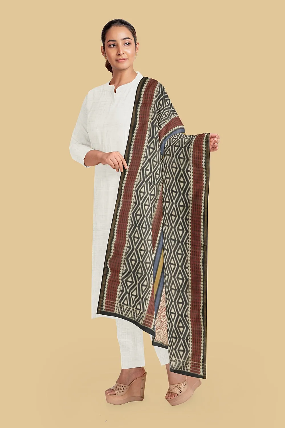 Multi Patterned Block Printed Chanderi Dupatta