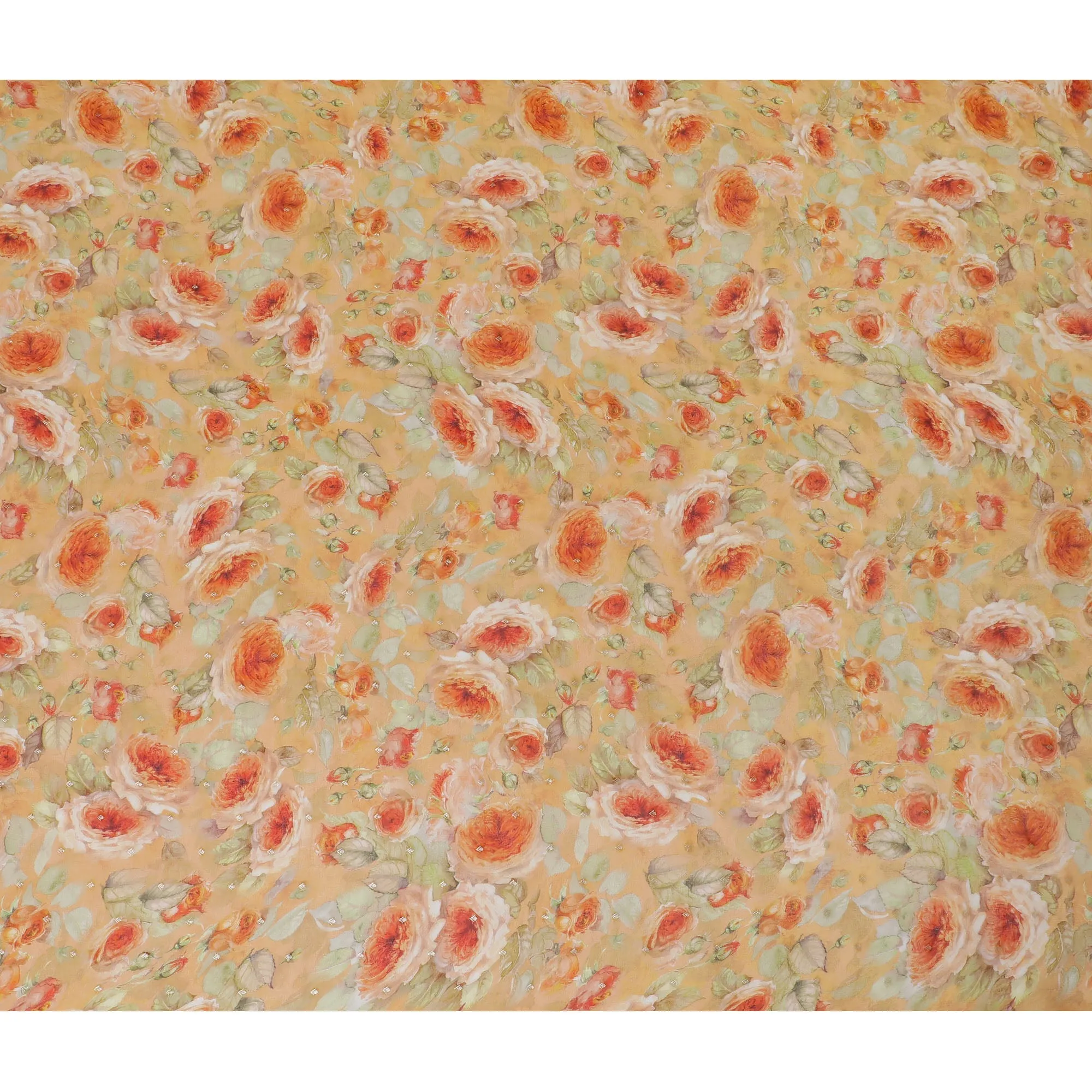 Peach and Orange Floral Synthetic Organza Fabric - 110 cm Width, Made in India-D19647