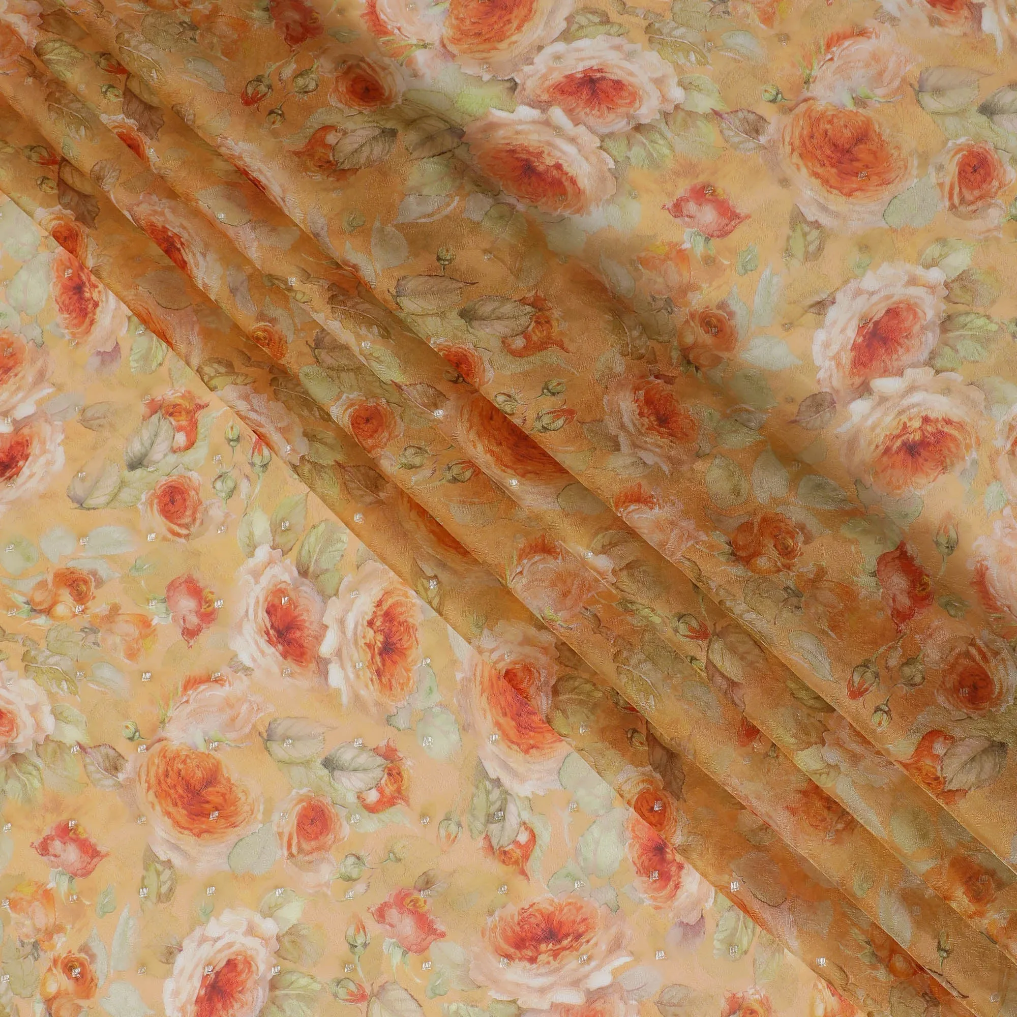 Peach and Orange Floral Synthetic Organza Fabric - 110 cm Width, Made in India-D19647