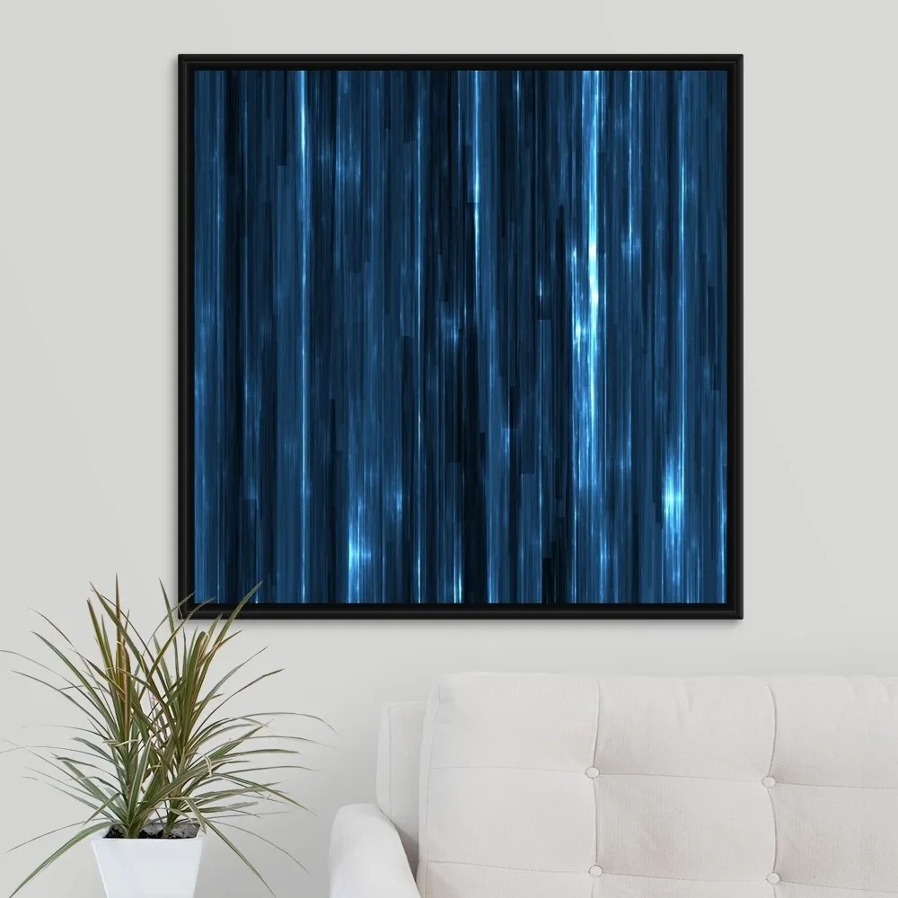 "Abstract vertical striated pattern in blue" Black Float Frame Canvas Art - Multi