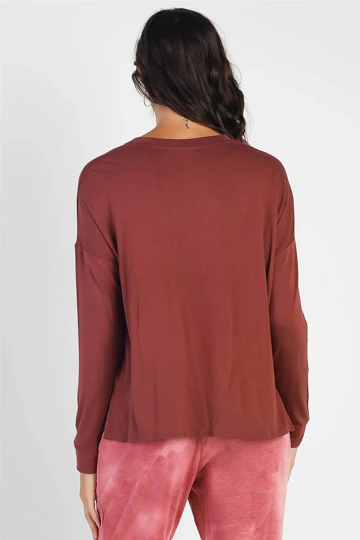 Red Brown V-Neck Cuff Long Sleeve Top /1-1-1