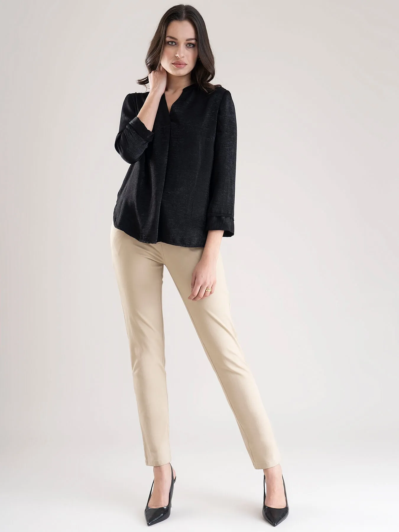Satin V Neck Front Pleat Top - Black