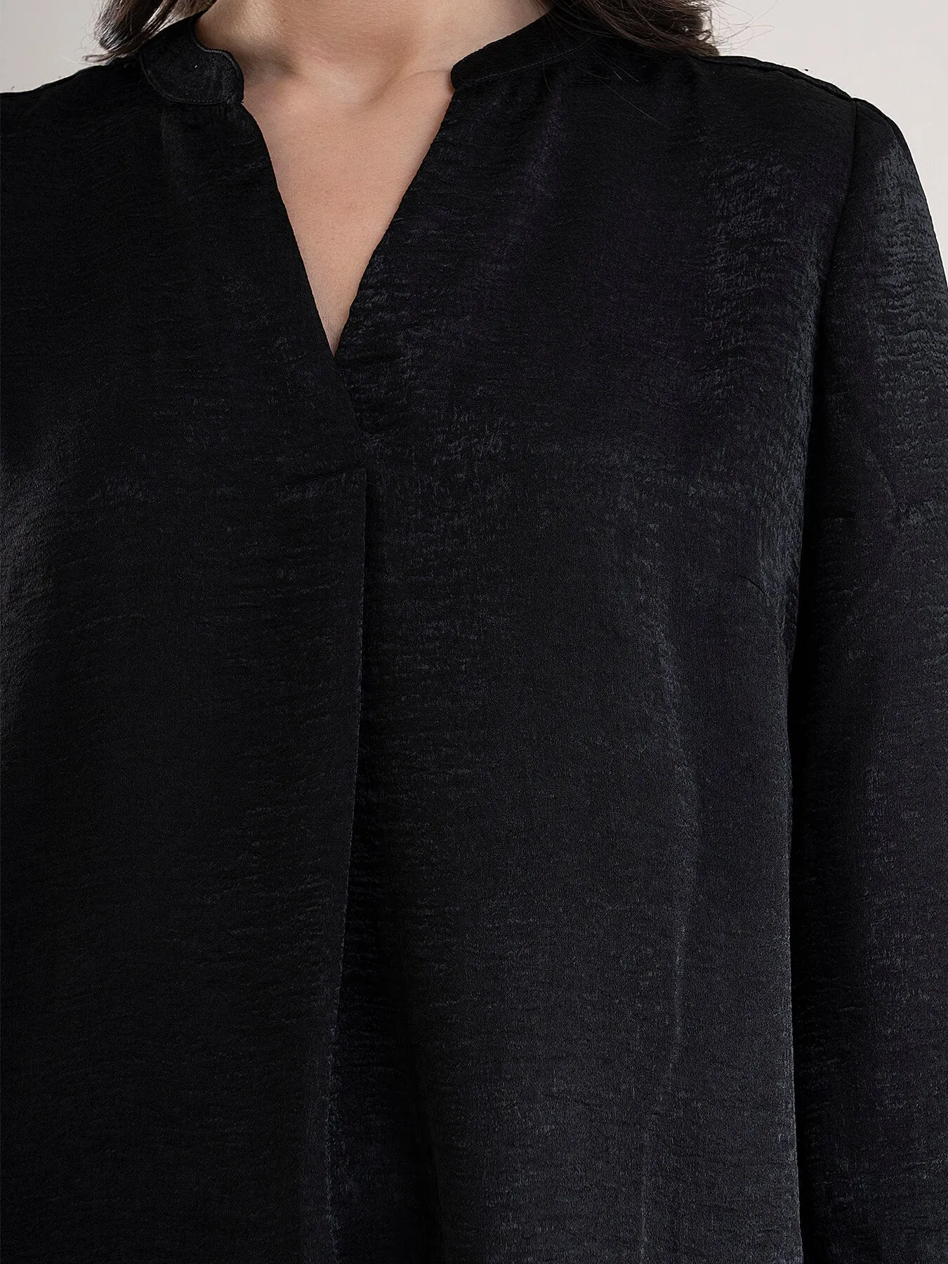 Satin V Neck Front Pleat Top - Black